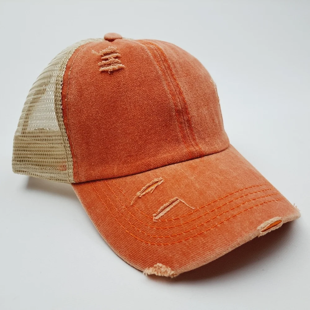 Ponytail Criss-cross Mesh Trucker Women's Cap Hat Distressed Orange
